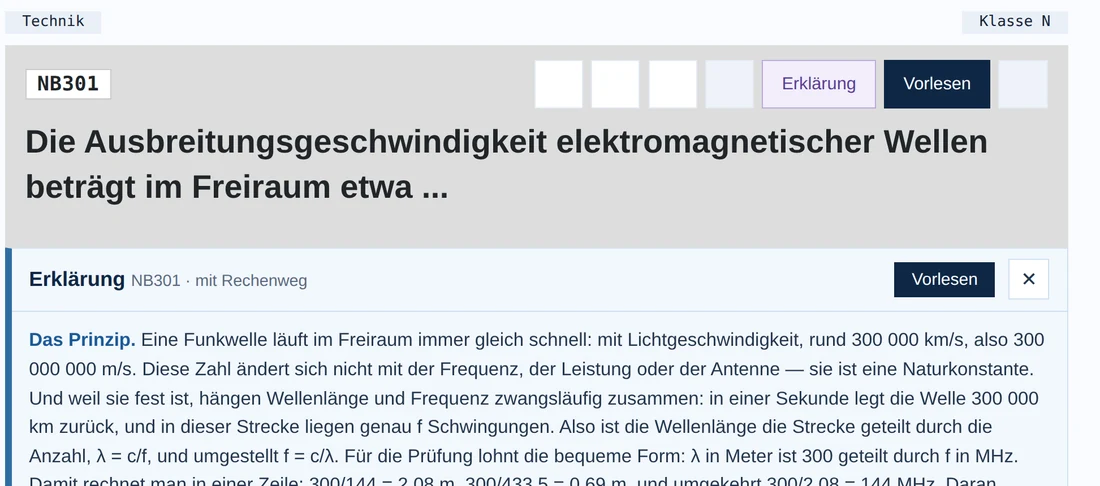 Das Erklärfenster des Trainers: über der Frage die Antwortmöglichkeiten, darunter die Erklärung, die mit dem Abschnitt „Das Prinzip“ beginnt.