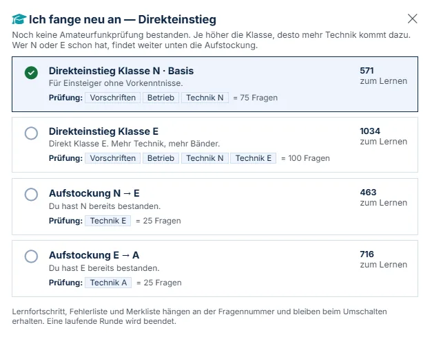 Das Fenster „Prüfungsziel wählen“ mit allen vier Zielen, jeweils mit den zugehörigen Prüfungsteilen und der Zahl der Fragen.