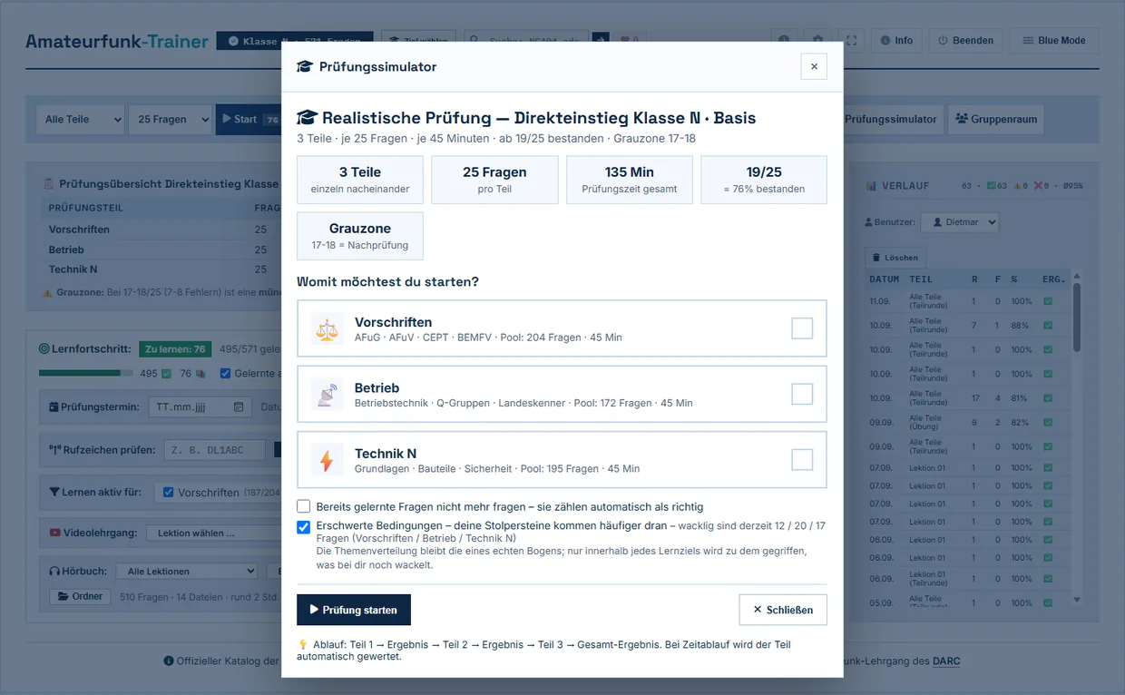 Der Prüfungssimulator vor dem Start: die anstehenden Prüfungsteile mit Fragenzahl, Zeit und Bestehensgrenze.